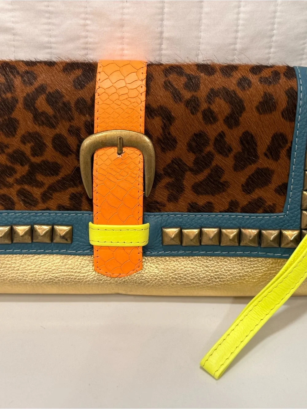 Rare Vintage Genuine Argentine Leather Leopard - print, Gold Clutch